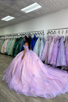 Lilac Sparkly Off The Shoulder Tulle Long Corset Quinceanera Dress with Sequins