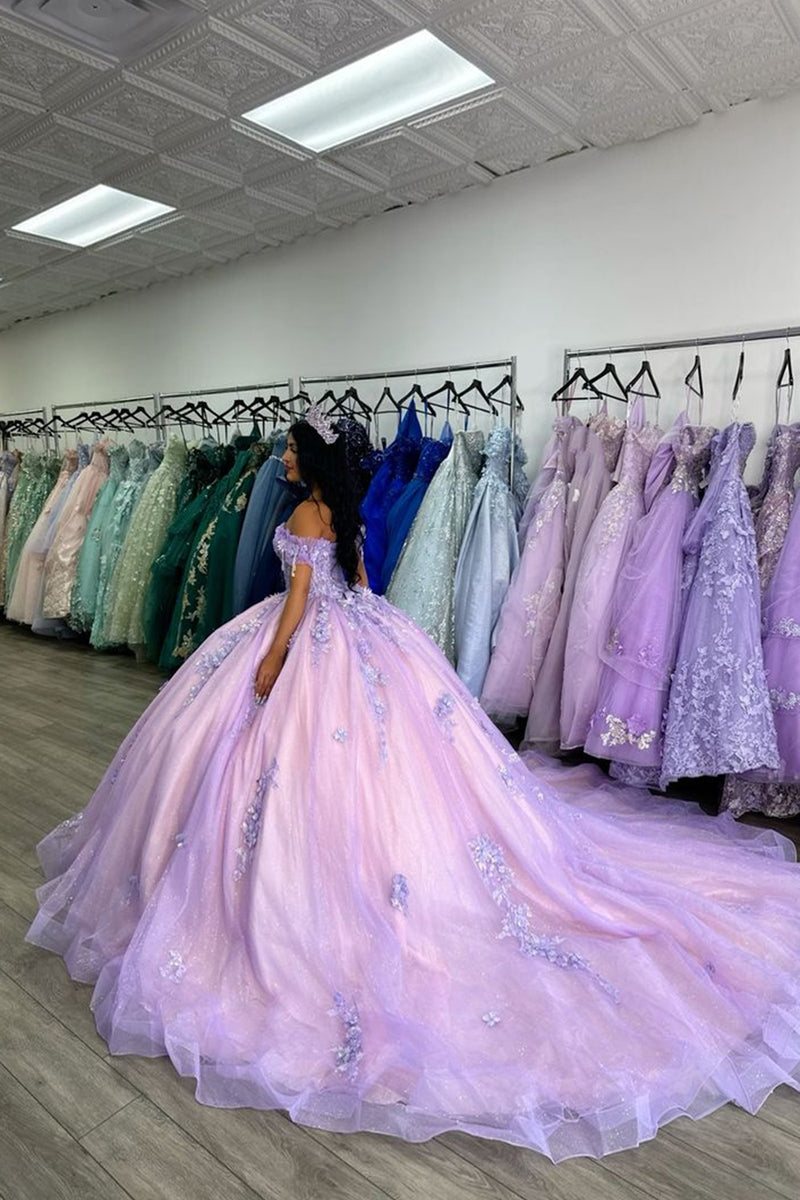 Load image into Gallery viewer, Lilac Sparkly Off The Shoulder Tulle Long Corset Quinceanera Dress with Sequins