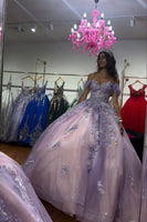 Load image into Gallery viewer, Lilac Sparkly Off The Shoulder Tulle Long Corset Quinceanera Dress with Sequins