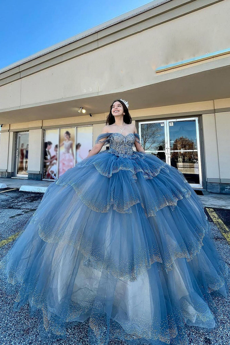 Load image into Gallery viewer, Off The Shoulder Blue Tulle Tiered Long Quinceanera Dress with Polka Dots