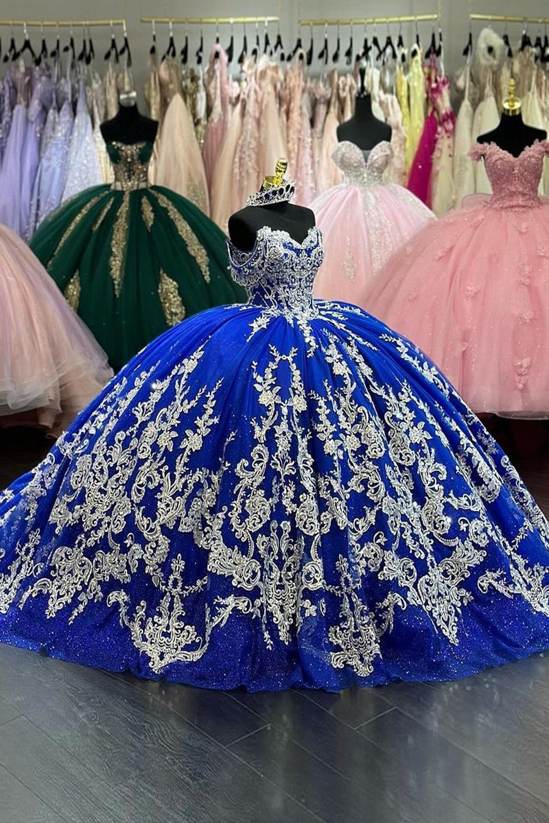Load image into Gallery viewer, Sparkly Royal Blue Off the Shoulder Long Quinceanera Dress with Appliques