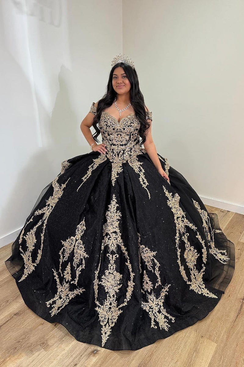 Load image into Gallery viewer, Off the Shoulder Sparkly Black Golden Long Ball Gown with Appliques