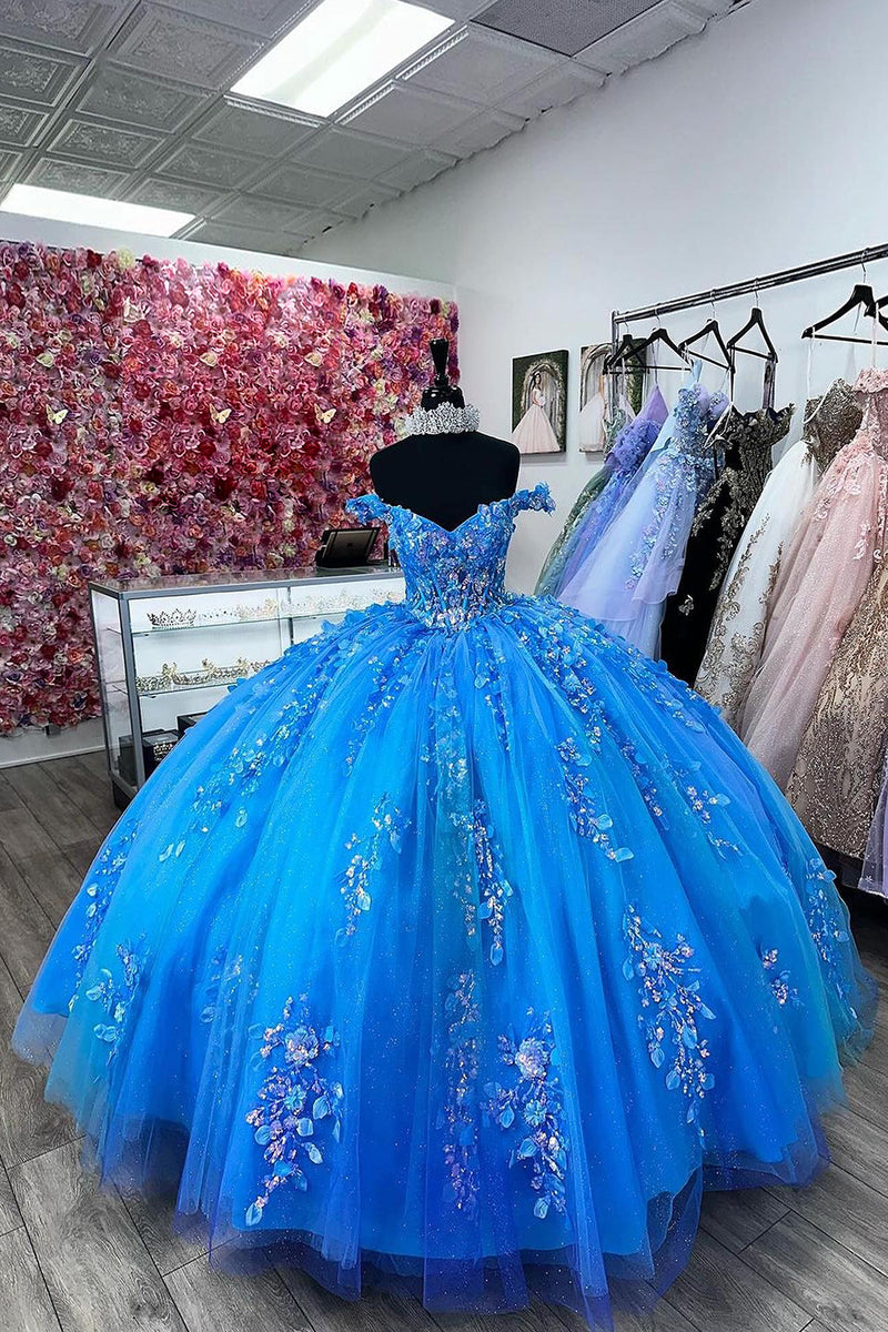 Load image into Gallery viewer, Blue Sparkly Corset Off the Shoulder Tulle Long Ball Gown with Sequins