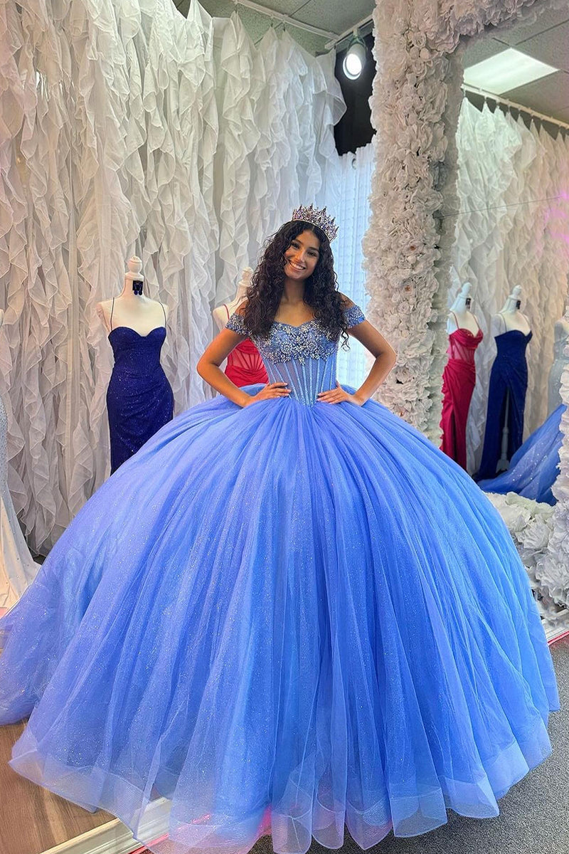Load image into Gallery viewer, Sparkly Blue Tulle Off The Shoulder Corset Quinceanera Dress with Beaded