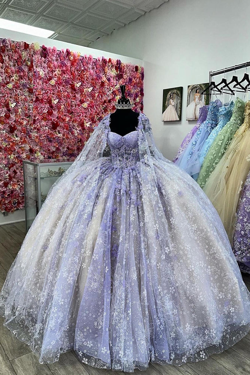 Load image into Gallery viewer, Lilac Apricot Floral Appliques Corset Pleated Tulle Ball Gown with Off the Shoulder