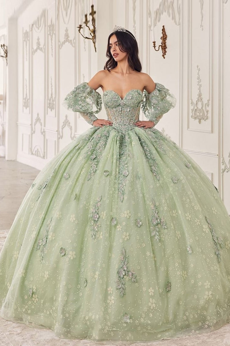 Load image into Gallery viewer, Puff Sleeves Corset Appliques Dusty Sage Long Lace Ball Gown