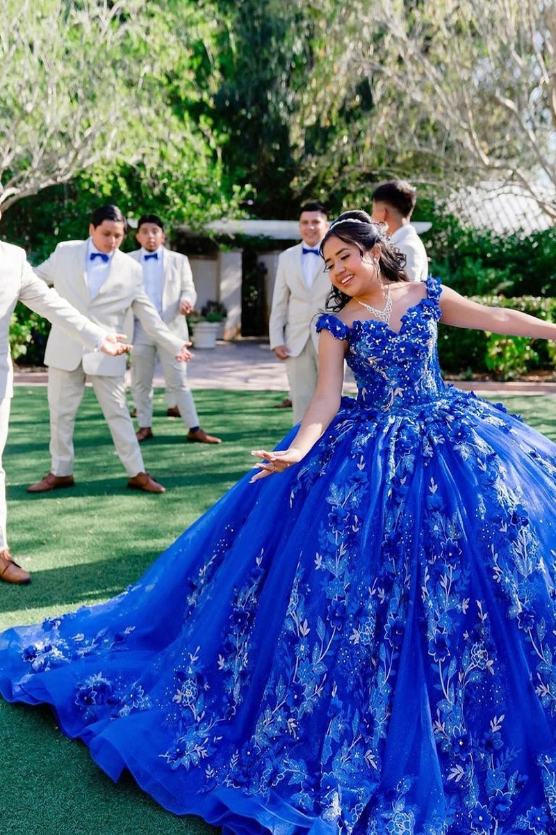 Load image into Gallery viewer, Royal Blue Off the Shoulder Ruffles Long Quinceanera Dress with Floral Appliques