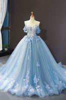 Load image into Gallery viewer, Pleated Tulle Floral Appliques Off the Shoulder Quinceanera Dress