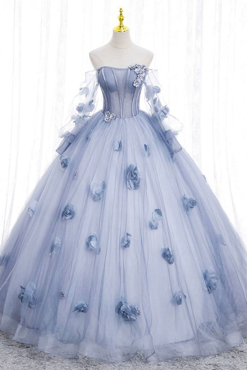 Load image into Gallery viewer, Light Grey Blue Tulle Corset Strapless Long Quinceanera Dress with Floral