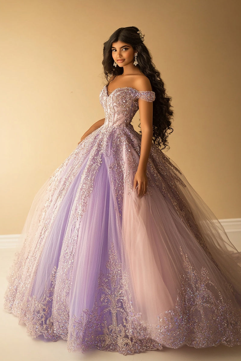 Load image into Gallery viewer, Sparkly Off the Shoulder Lilac Blush Tulle Long Quinceanera Dress