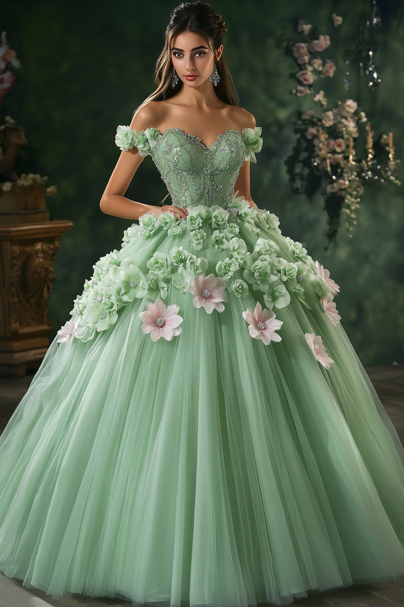 Load image into Gallery viewer, Green Tulle Beaded Off the Shoulder Ball Gown with Flower