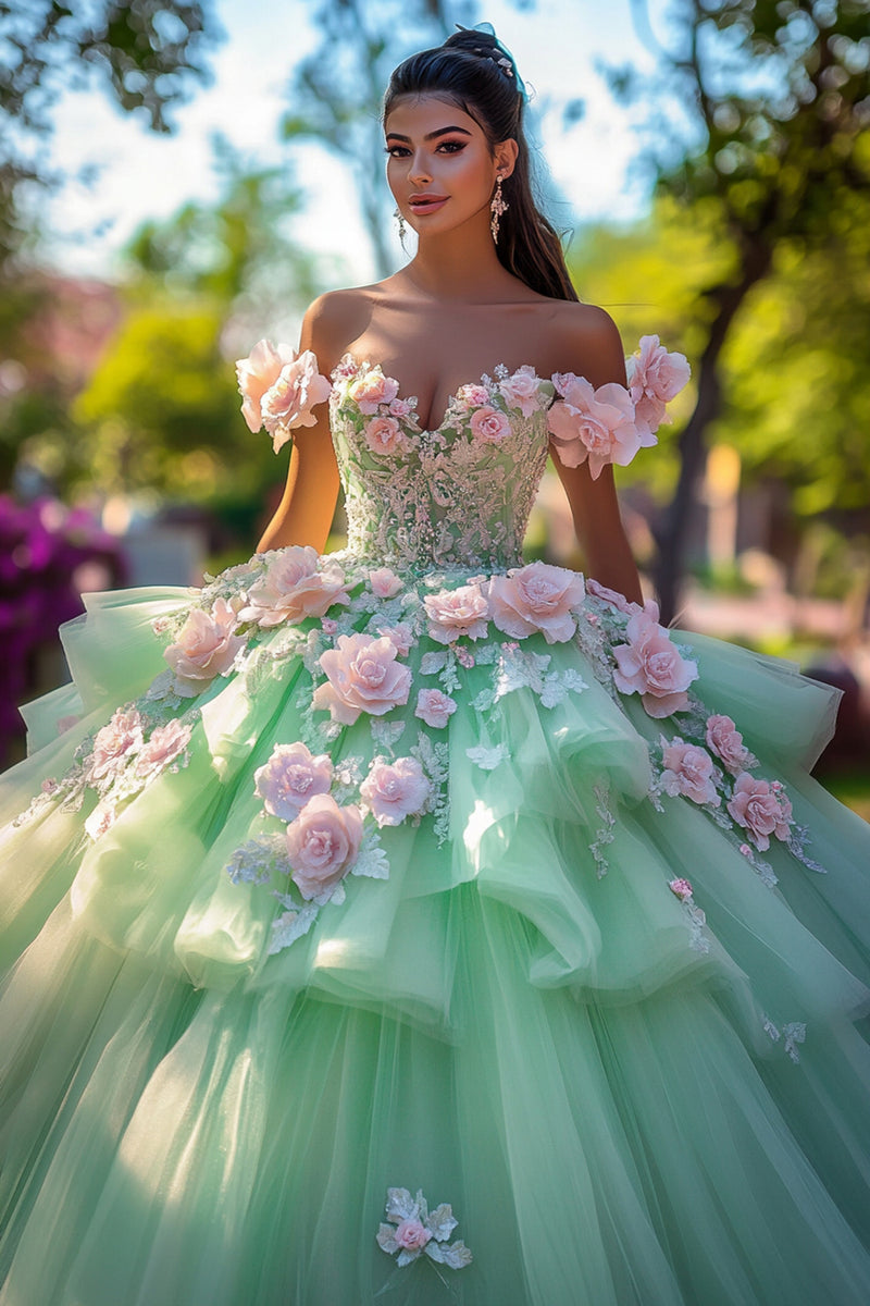 Load image into Gallery viewer, Green Tulle Ruffles Off the Shoulder Long Quinceanera Dress with Pink Flowers