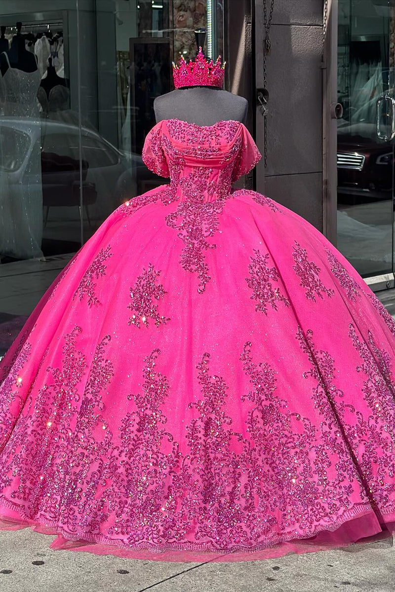 Load image into Gallery viewer, Sparkly Fuchsia Off The Shoulder Sequined Tulle Ball Gown with Appliques