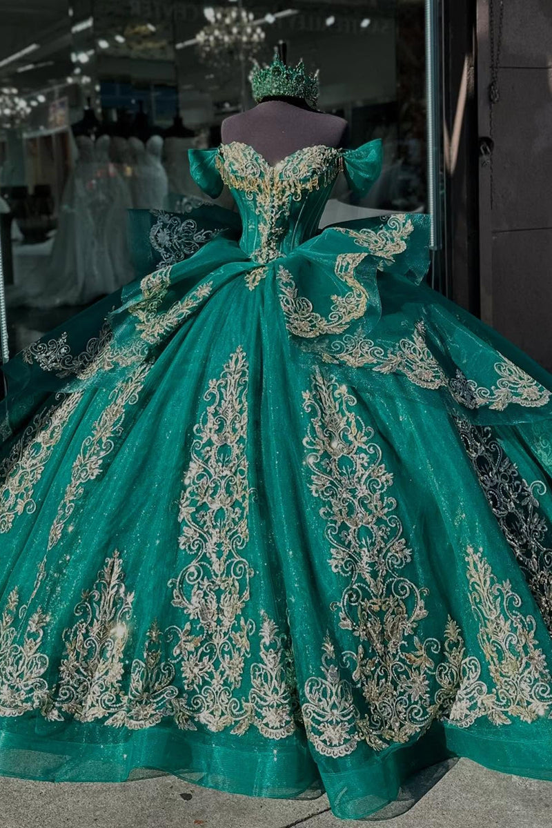 Load image into Gallery viewer, Off The Shoulder Sequined Tulle Sparkly Dark Green Quinceanera Dress with Appliques