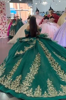 Off The Shoulder Sequined Tulle Sparkly Dark Green Quinceanera Dress with Appliques