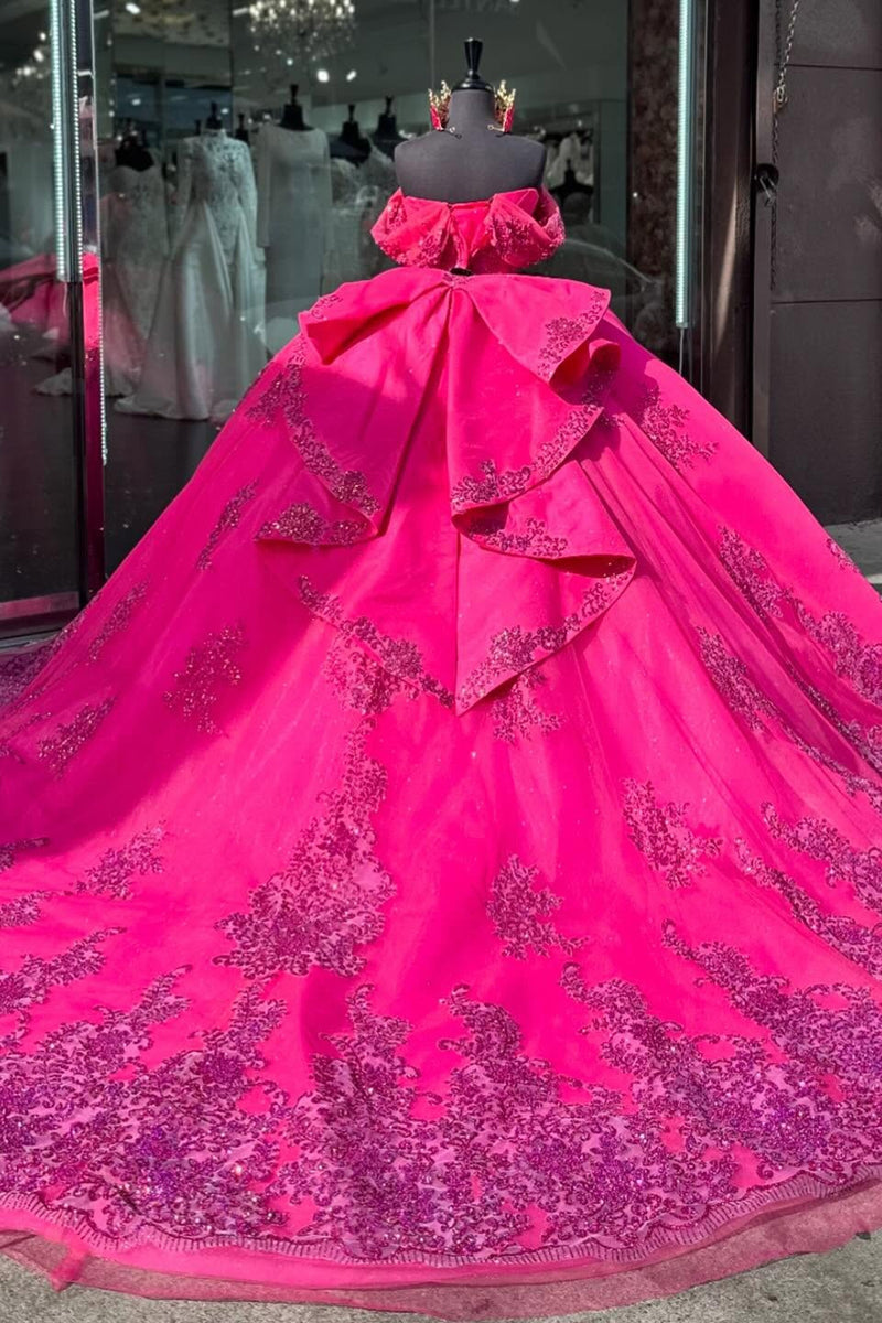 Load image into Gallery viewer, Sparkly Fuchsia Off The Shoulder Sequined Tulle Ball Gown with Appliques