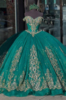 Load image into Gallery viewer, Off The Shoulder Sequined Tulle Sparkly Dark Green Quinceanera Dress with Appliques