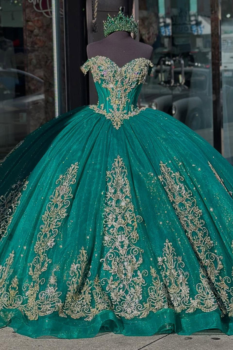 Load image into Gallery viewer, Off The Shoulder Sequined Tulle Sparkly Dark Green Quinceanera Dress with Appliques