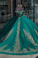 Load image into Gallery viewer, Off The Shoulder Sequined Tulle Sparkly Dark Green Quinceanera Dress with Appliques