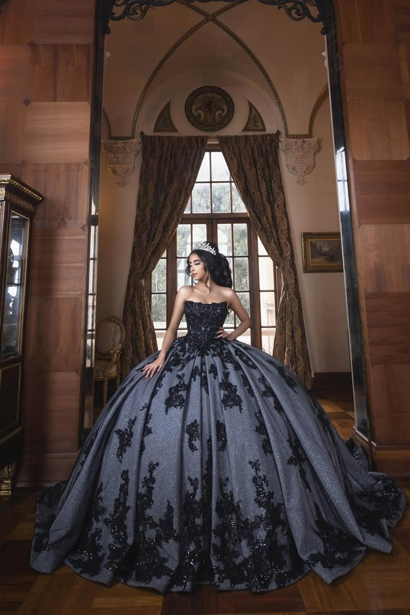 Load image into Gallery viewer, Sparkly Black Strapless Appliques Sequined Long Tulle Ball Gown