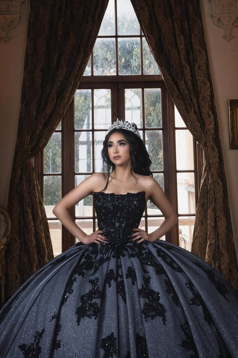 Load image into Gallery viewer, Sparkly Black Strapless Appliques Sequined Long Tulle Ball Gown