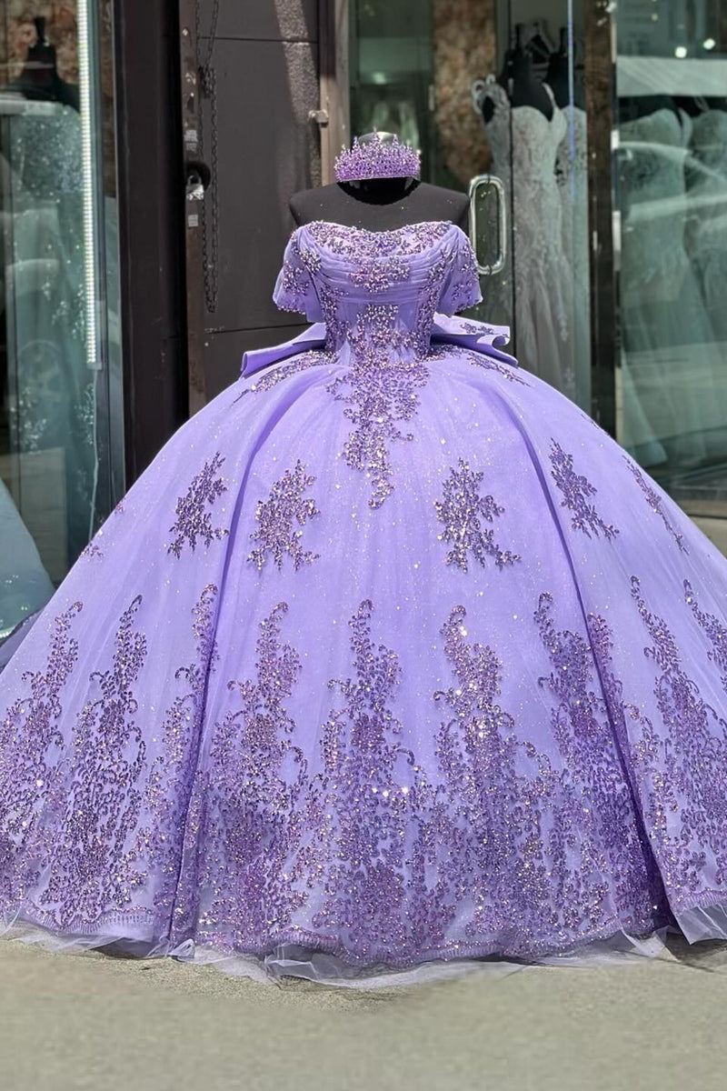 Load image into Gallery viewer, Appliques Sparkly Tulle Purple Off The Shoulder Sequined Ball Gown