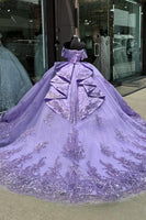 Load image into Gallery viewer, Appliques Sparkly Tulle Purple Off The Shoulder Sequined Ball Gown
