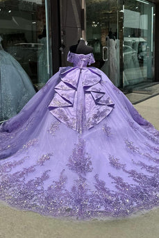 Appliques Sparkly Tulle Purple Off The Shoulder Sequined Ball Gown