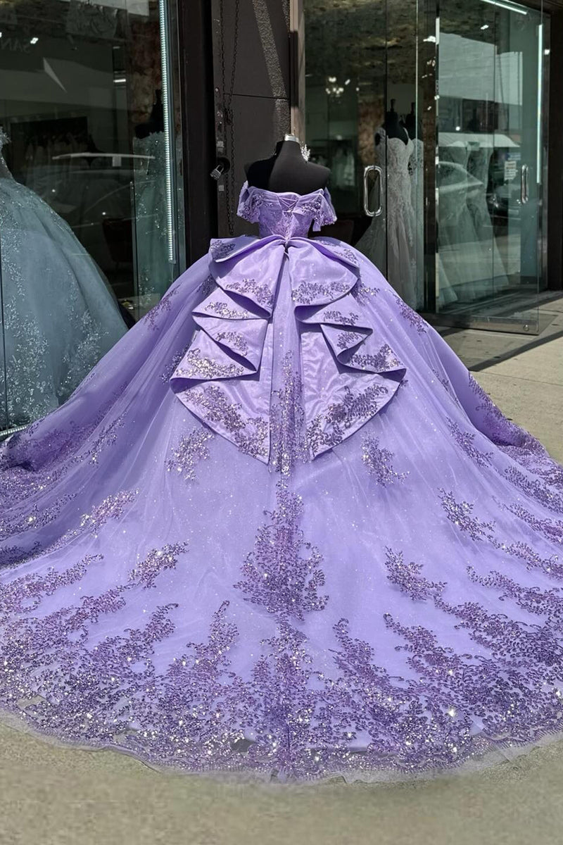 Load image into Gallery viewer, Appliques Sparkly Tulle Purple Off The Shoulder Sequined Ball Gown