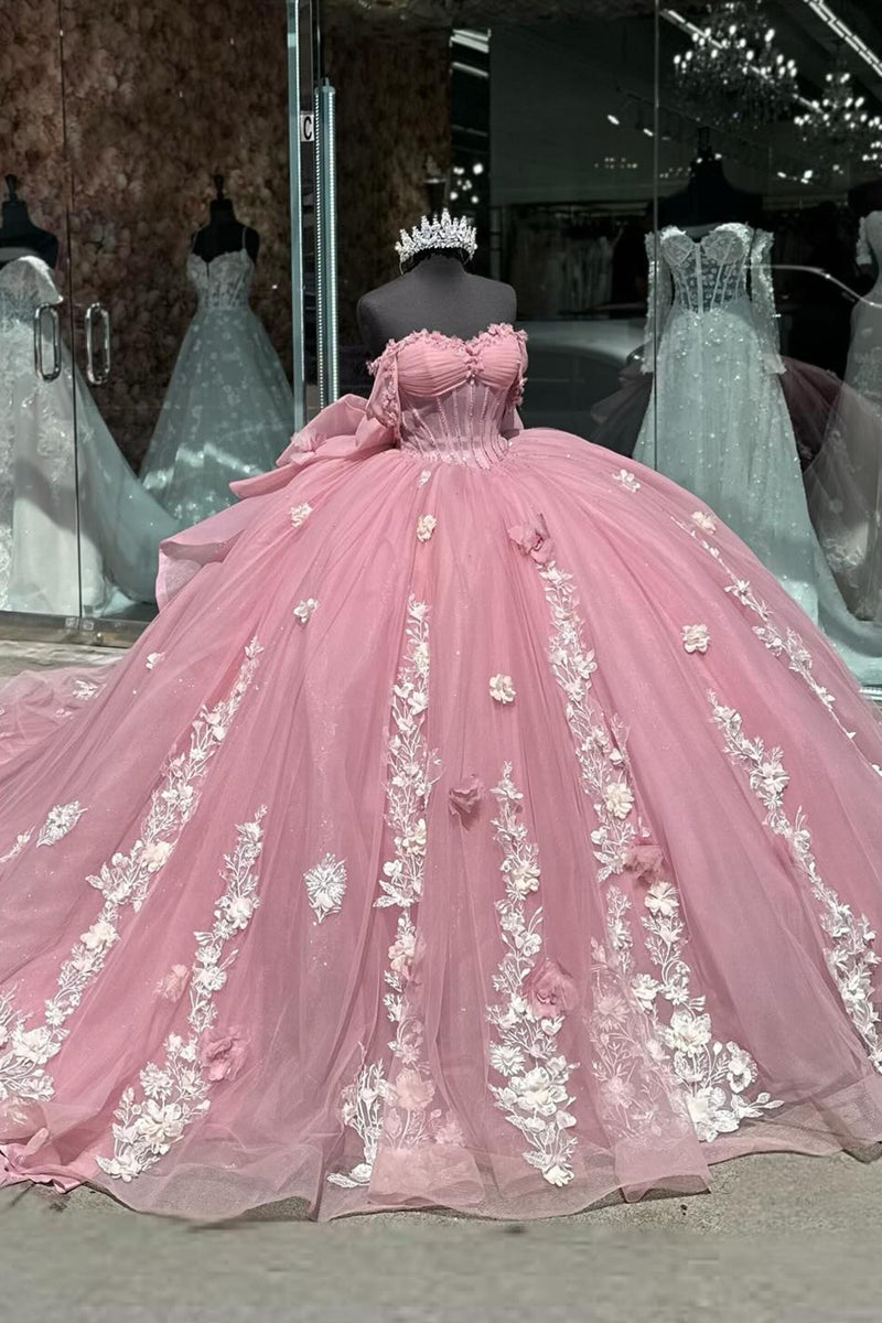 Load image into Gallery viewer, Corset Appliques Sparkly Pink Off The Shoulder Sequined Tulle Sweet 16 Birthday Dress