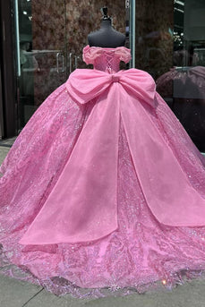 Sequined Hot Pink Off The Shoulder Tulle Sparkly Ball Gown with Appliques