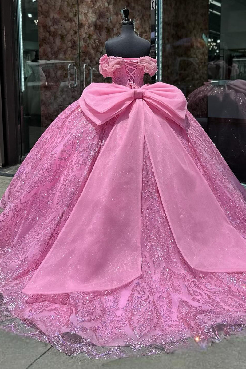 Load image into Gallery viewer, Sequined Hot Pink Off The Shoulder Tulle Sparkly Ball Gown with Appliques