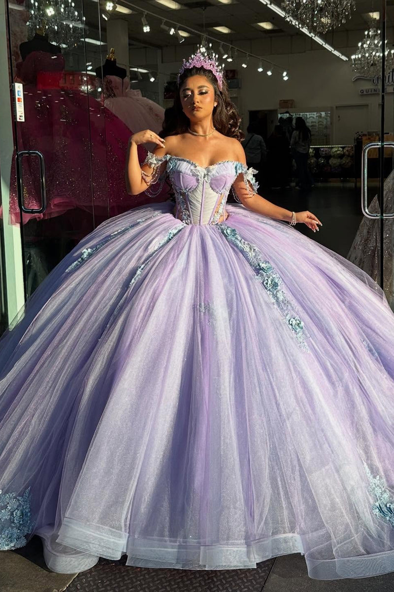 Load image into Gallery viewer, Lilac Sparkly Off The Shoulder Sequined Tulle Ball Gown with Appliques