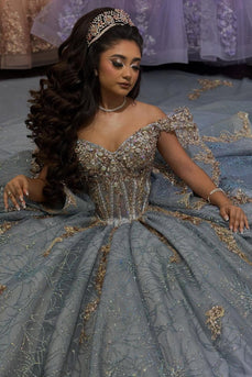 Off The Shoulder Sparkly Grey Purple Sequined Tulle Ball Gown with Beaded