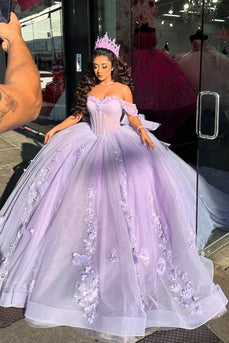 Sparkly Corset Lilac Off The Shoulder Sequined Tulle Quinceanera Dress with Appliques
