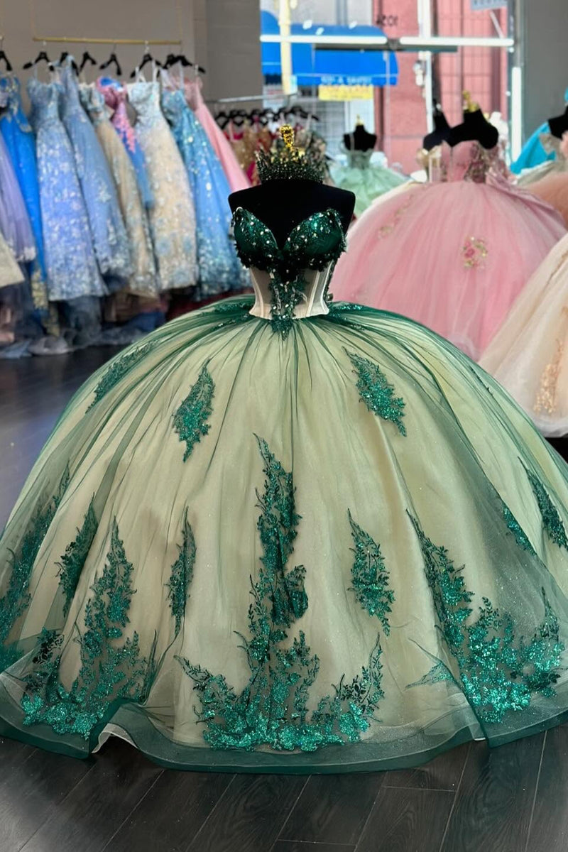 Load image into Gallery viewer, Appliques Sparkly Green Off The Shoulder Sequined Tulle Ball Gown