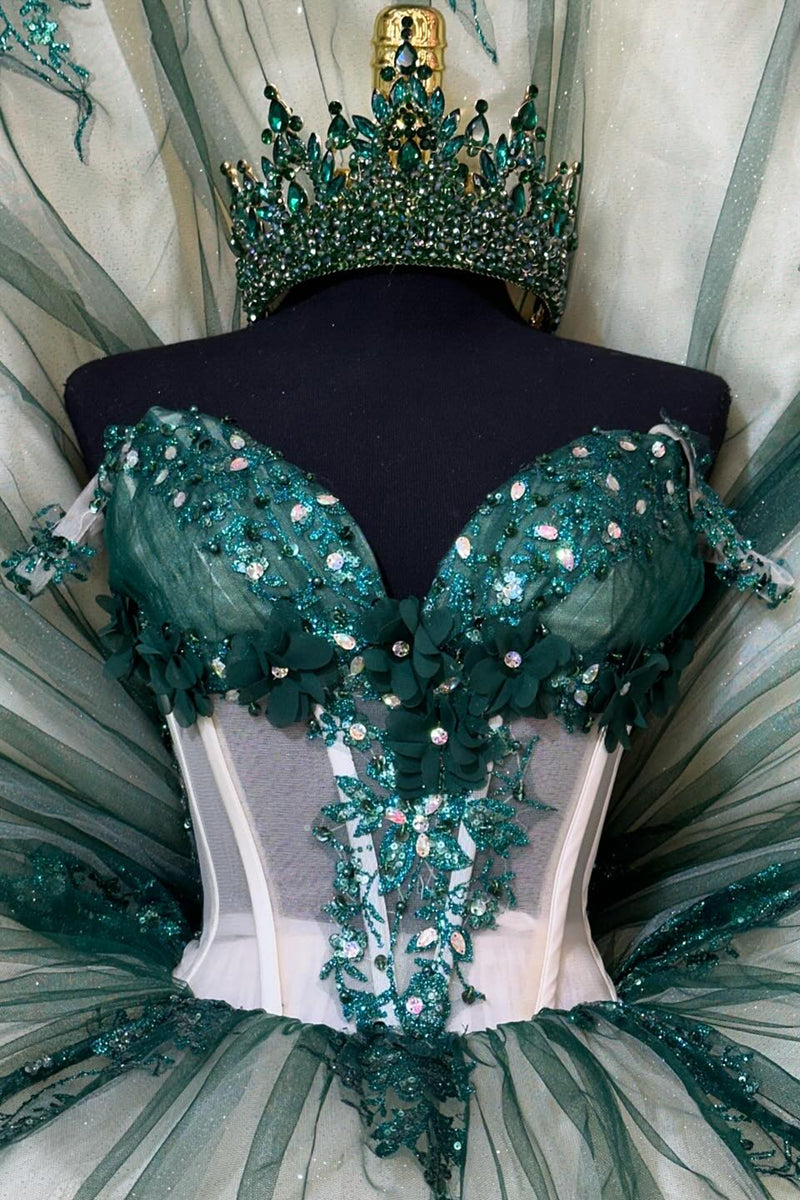Load image into Gallery viewer, Appliques Sparkly Green Off The Shoulder Sequined Tulle Ball Gown