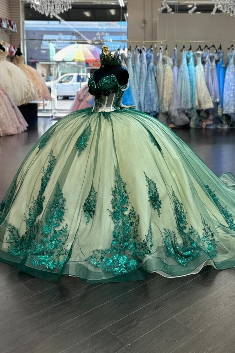 Load image into Gallery viewer, Appliques Sparkly Green Off The Shoulder Sequined Tulle Ball Gown