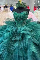 Load image into Gallery viewer, Dark Green Sparkly Strapless Appliques Sequined Tulle Ball Gown with Ruffles