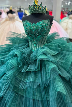 Dark Green Sparkly Strapless Appliques Sequined Tulle Ball Gown with Ruffles