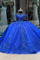 Load image into Gallery viewer, Off The Shoulder Sparkly Royal Blue Sequined Tulle Ball Gown with Appliques