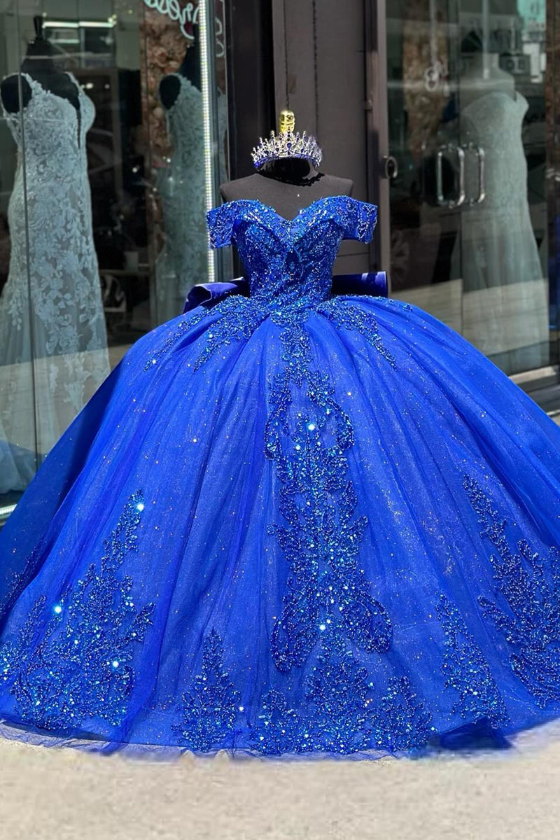 Load image into Gallery viewer, Off The Shoulder Sparkly Royal Blue Sequined Tulle Ball Gown with Appliques