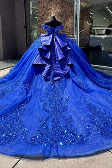 Off The Shoulder Sparkly Royal Blue Sequined Tulle Ball Gown with Appliques