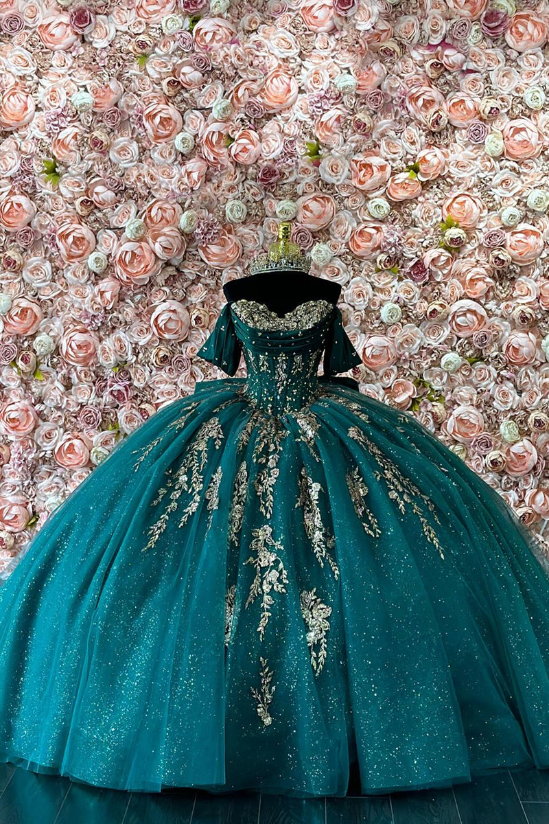 Load image into Gallery viewer, Sparkly Dark Green Appliques Off The Shoulder Sequined Tulle Ball Gown with Corset