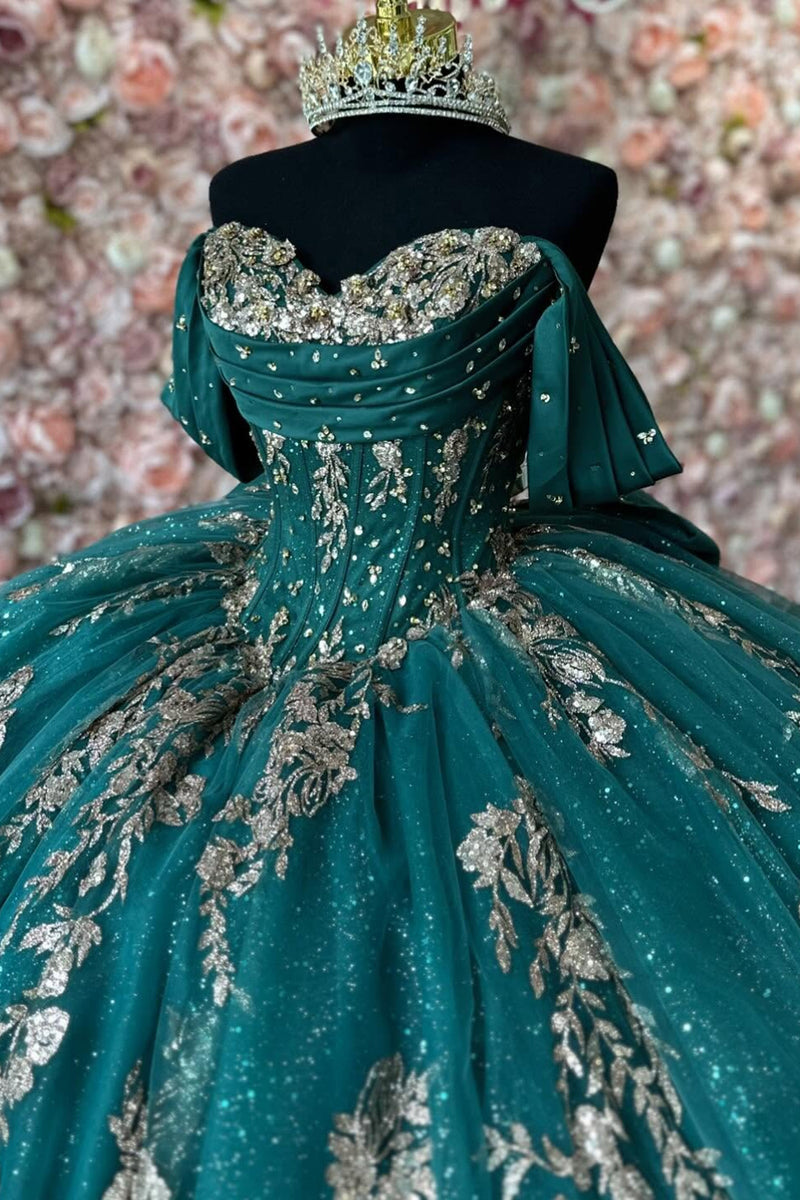 Load image into Gallery viewer, Sparkly Dark Green Appliques Off The Shoulder Sequined Tulle Ball Gown with Corset