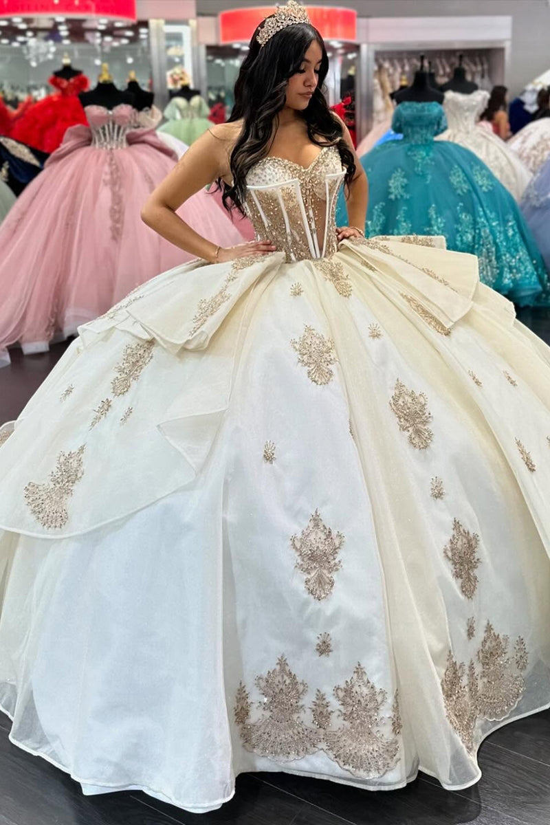 Load image into Gallery viewer, Corset Sparkly Apricot Off Shoulder Tulle Ball Gown with Beaded