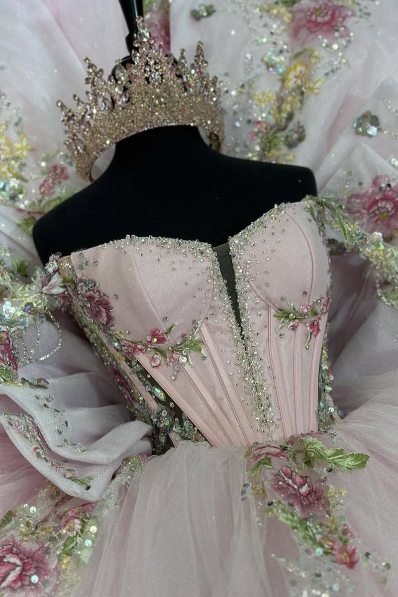 Load image into Gallery viewer, Sequined Corset Sparkly Pink Off The Shoulder Ball Gown with Beaded