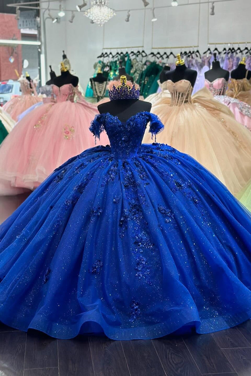 Load image into Gallery viewer, Sparkly Royal Blue Appliques Off The Shoulder Ruffles Quinceanera Dress with Sequins