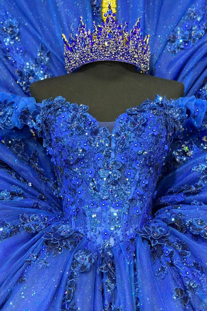 Load image into Gallery viewer, Sparkly Royal Blue Appliques Off The Shoulder Ruffles Quinceanera Dress with Sequins