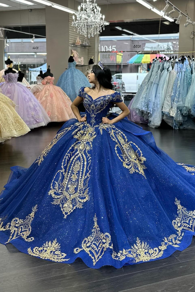 Load image into Gallery viewer, Sparkly Royal Blue Appliques Sequins Ruffles Ball Gown with Off The Shoulder